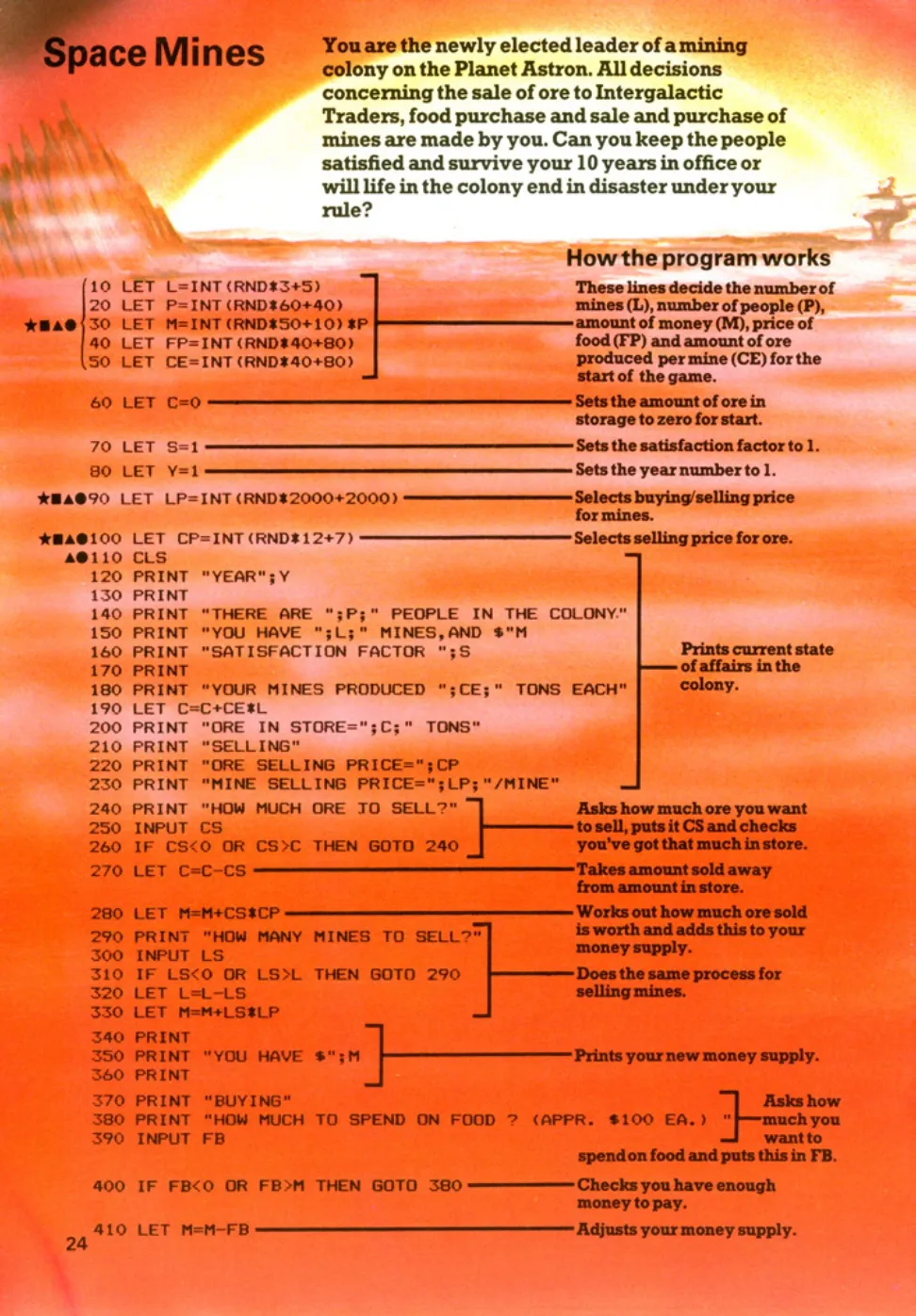 Space Mines, sida 1 — Usborne Computer Spacegames