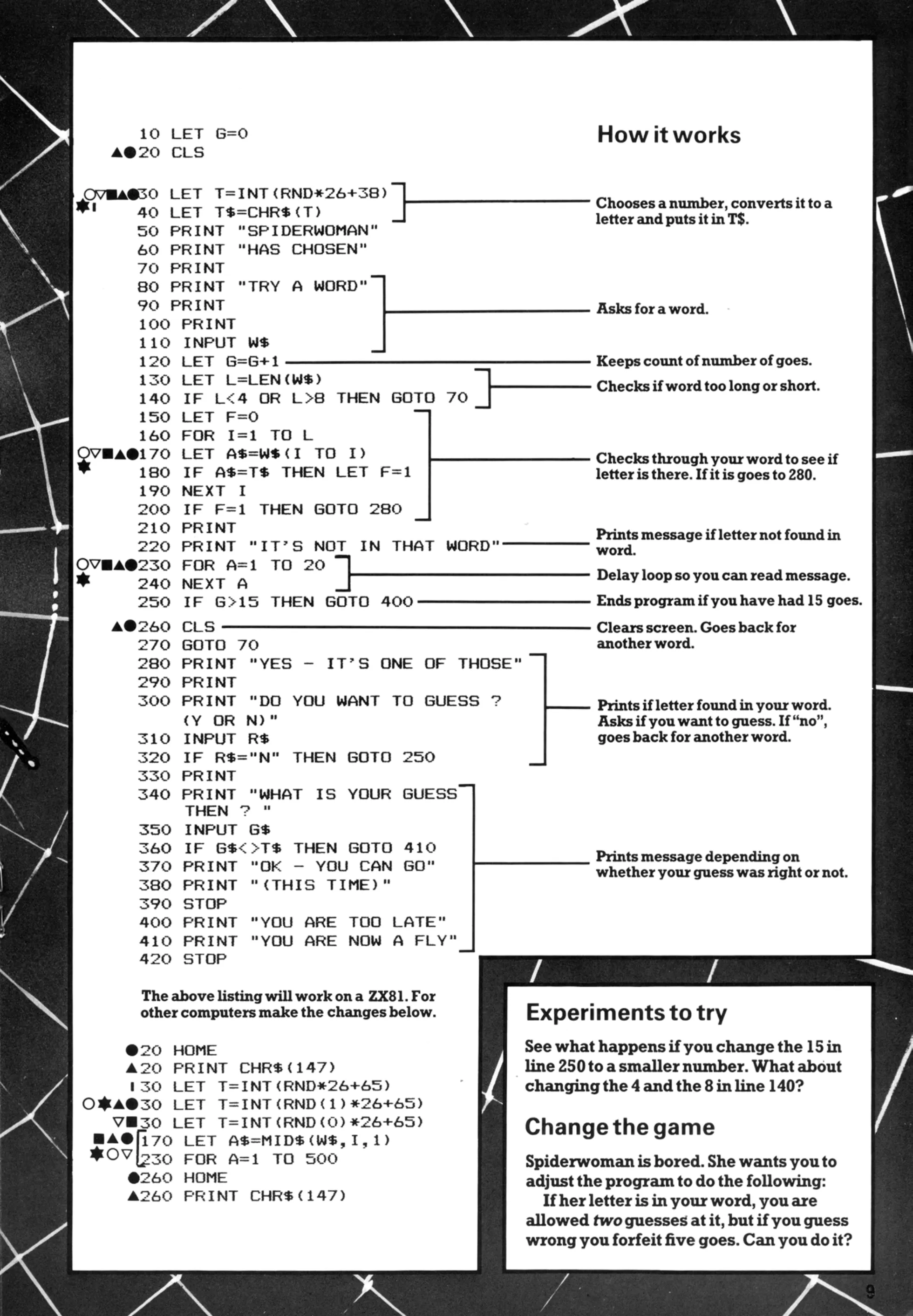 Spiderwoman, sida 2 — Usborne Creepy Computer Games