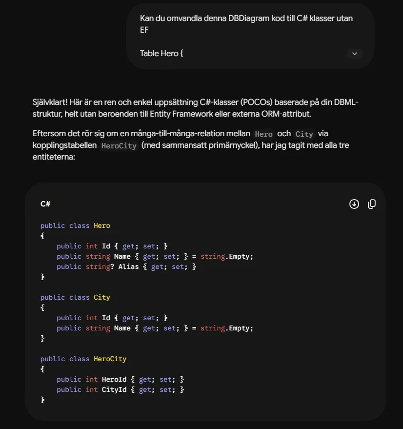 En AI omvandlar DBML till C#-klasser