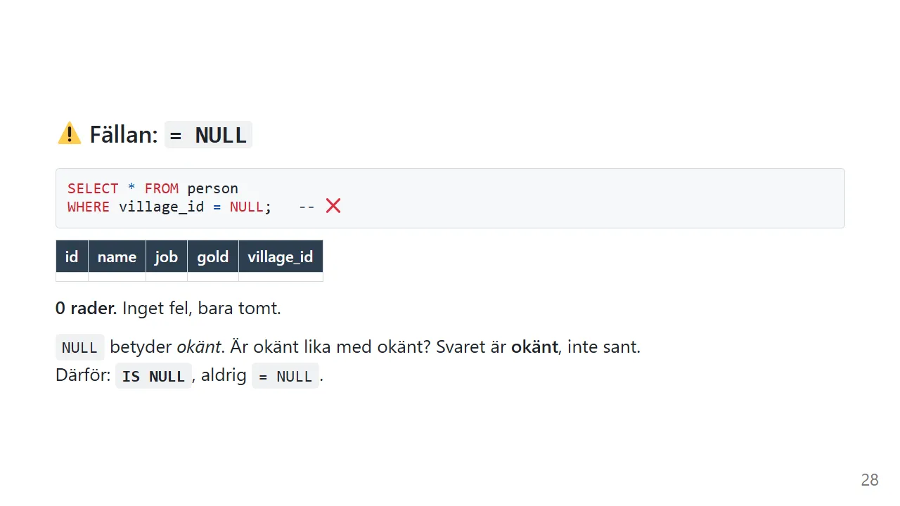 WHERE village_id = NULL ger 0 rader