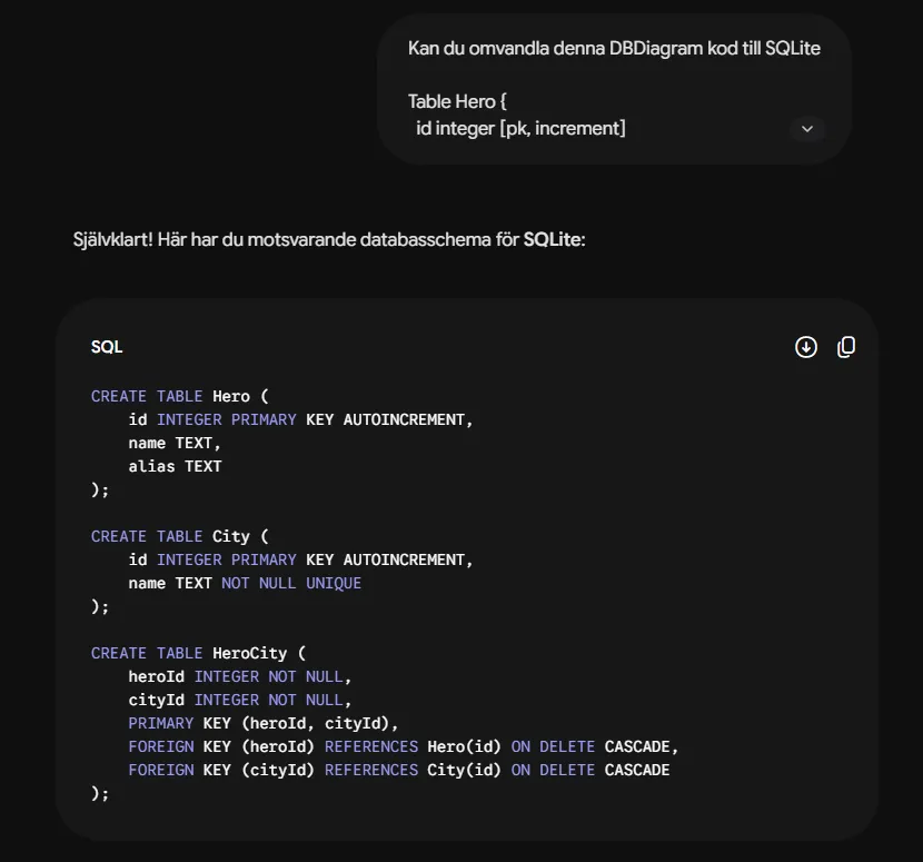 En AI omvandlar DBML till SQLite
