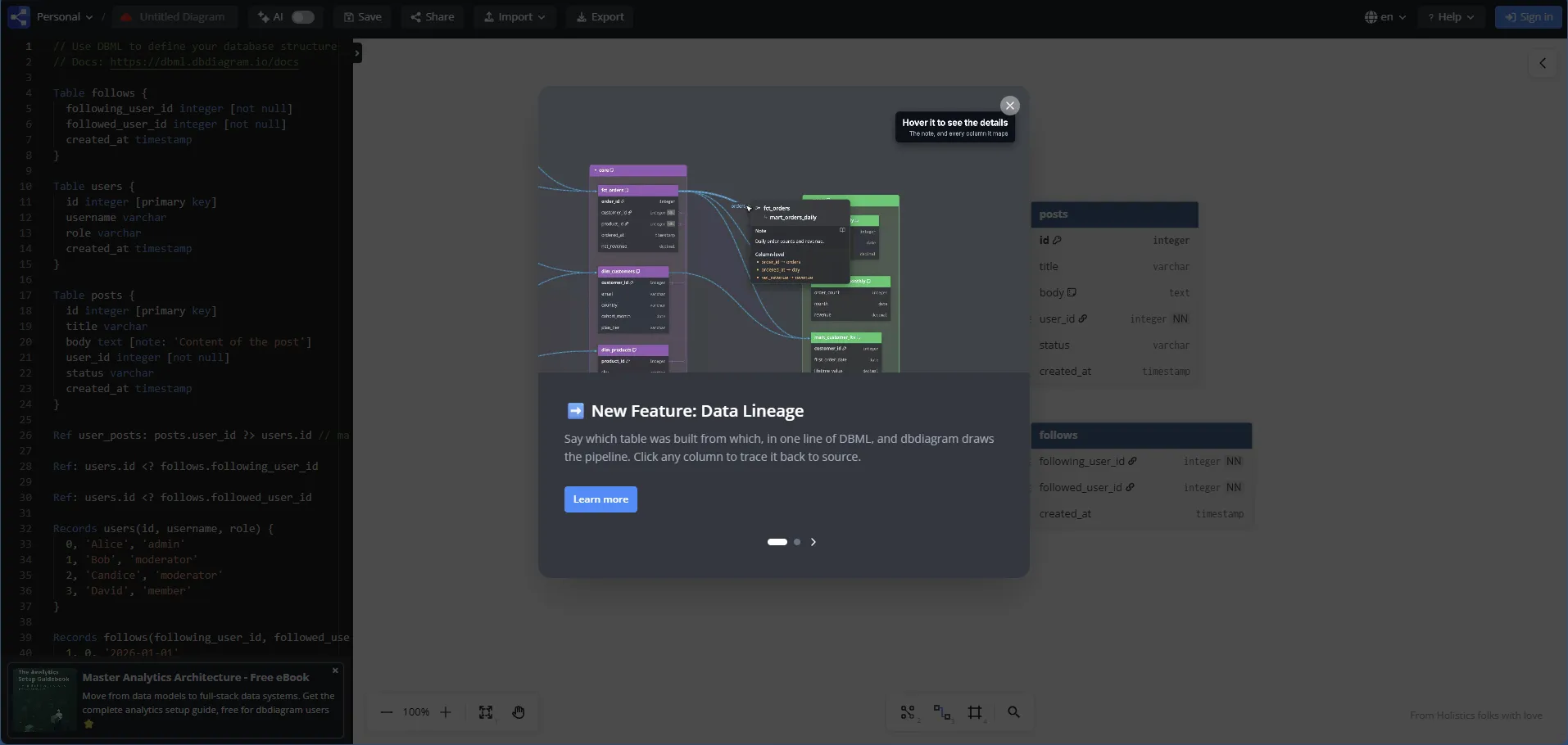 dbdiagram.io med exempeldiagrammet