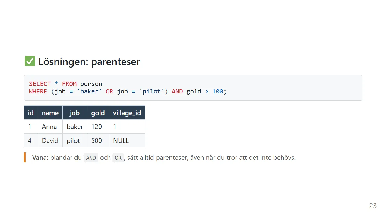 Med parenteser blir resultatet Anna och David